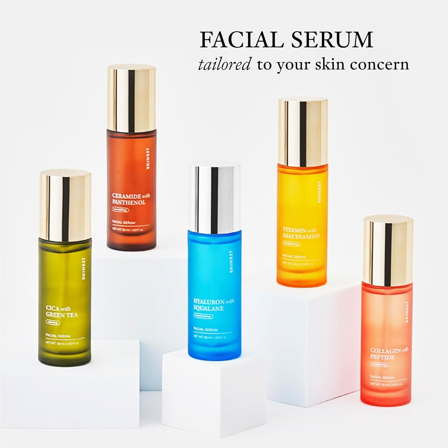 SKIN627 Daily Face Serum lineup with various colored bottles on display, featuring ceramide with panthenol for Korean skin care and moisturizing.